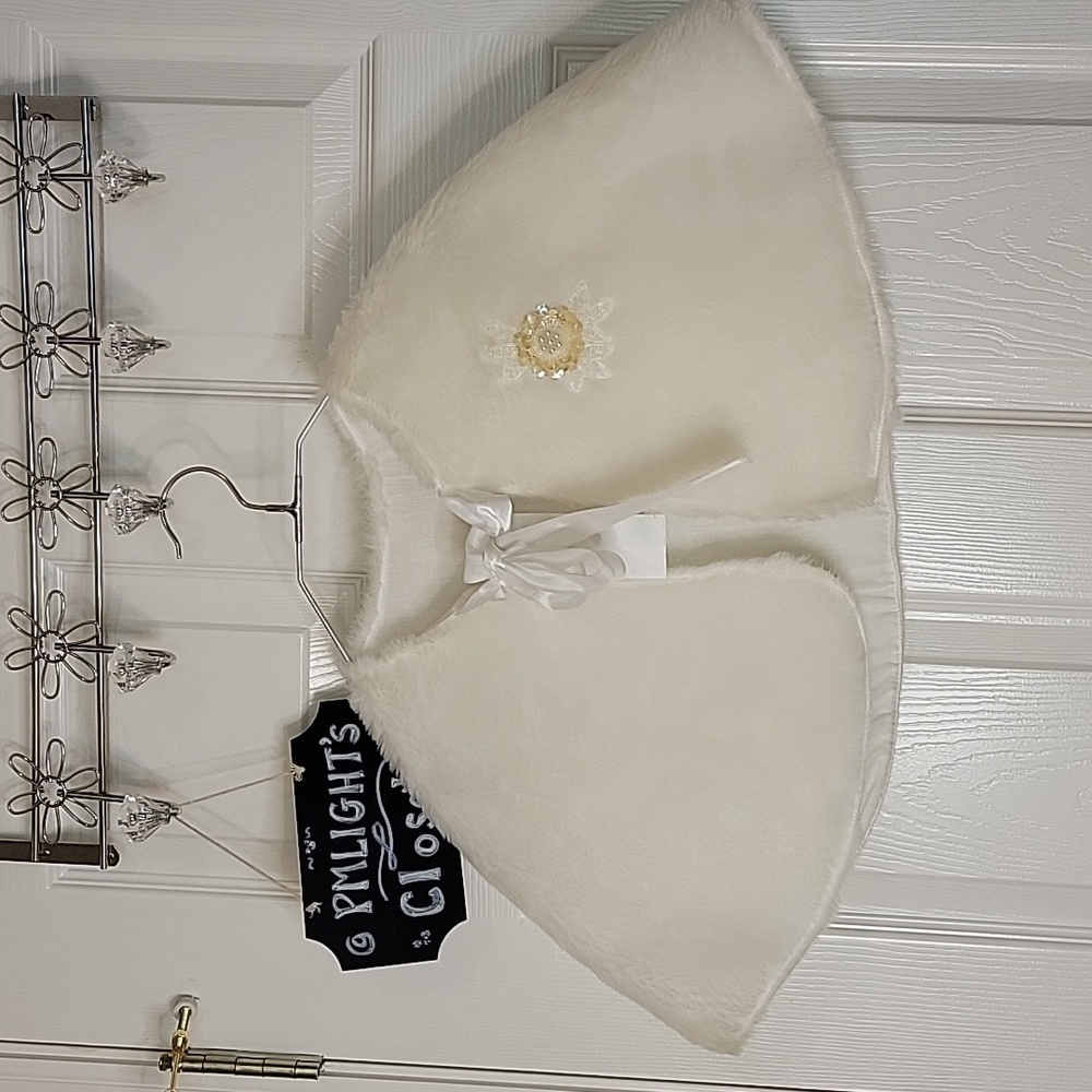 Faux Fur Cape White Tie Ribbon Beaded Embellishment